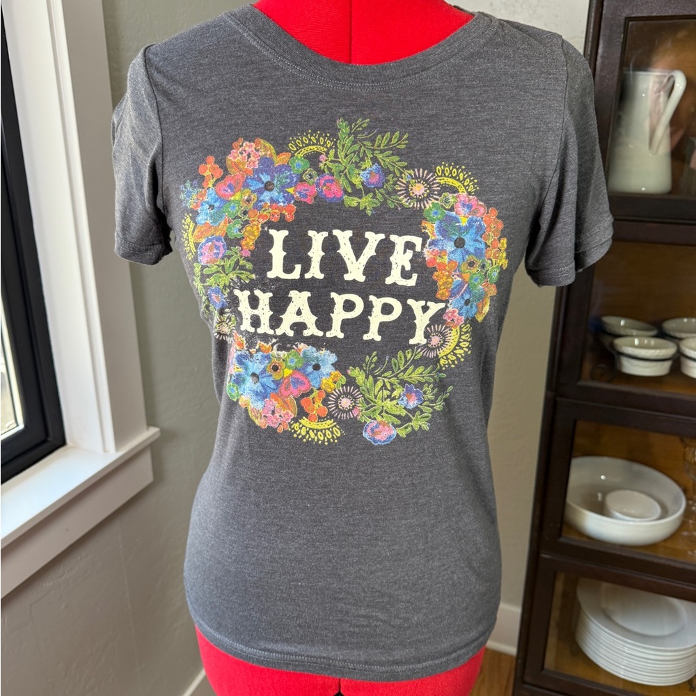 NATURAL LIFE Gray "Live Happy" Floral Short Sleeve Tee